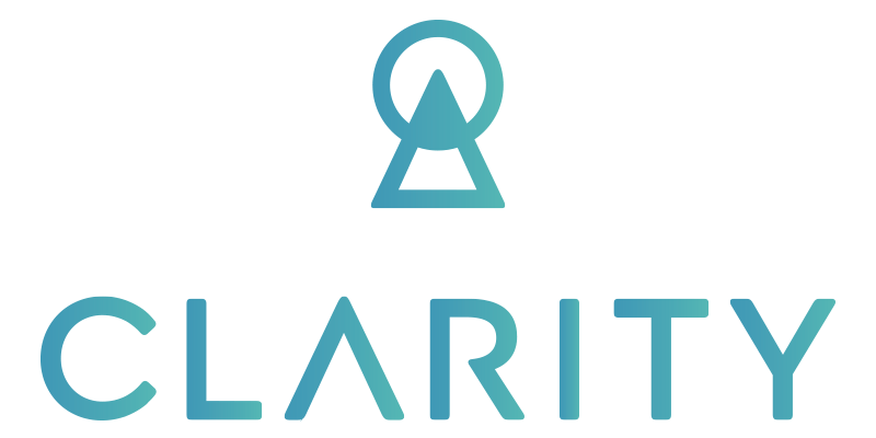 A blue-green gradient logo featuring an abstract symbol resembling a combination of a circle, triangle, and mountain above the word "CLARITY" in bold, modern uppercase letters.