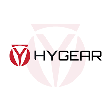 The image shows the Hygear logo. It consists of the word "HYGEAR" in black uppercase letters to the right of a stylized red "Y" within a red circle. A faint, larger version of the same "Y" symbol is in the background.