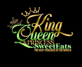 Logo that reads "King Queen & Princess Sweet Eats" with "The Best Pralines in the World” beneath. The text is styled in elegant gold and green typography, accompanied by small crown graphics over "King" and "Queen." The background is black.