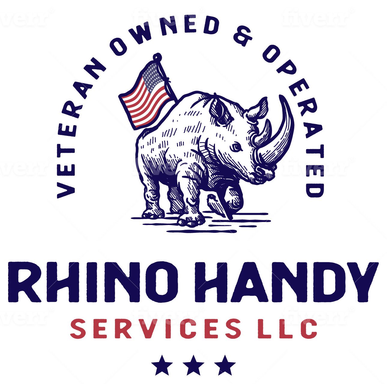 Logo of Rhino Handy Services LLC features a detailed illustration of a rhino holding an American flag. "Veteran Owned & Operated" arcs above the rhino, while "RHINO HANDY SERVICES LLC" is written below in bold letters, followed by three stars.