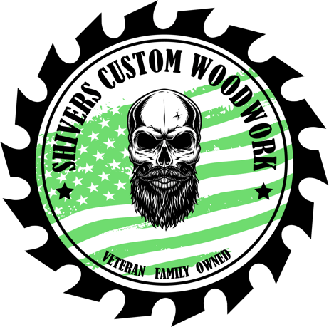 A circular logo with a saw blade edge features a bearded skull in the center. Green and black stripes resembling a flag are in the background. Text reads "Shivers Custom Woodwork" at the top and "Veteran Family Owned" at the bottom.